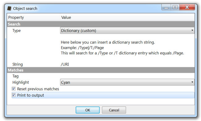 PDF object search output option